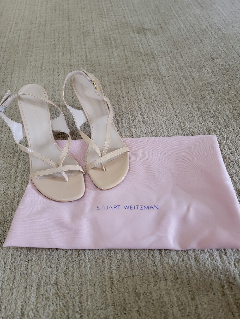 Stuart Weitzman Beige Patent Heeled Slingback Strappy Sandals, Size 7.5